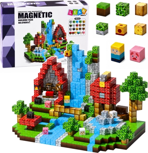 Cubes magnétiques – monde fantasy pixelisé forêt et cascade 3D (100 pièces)