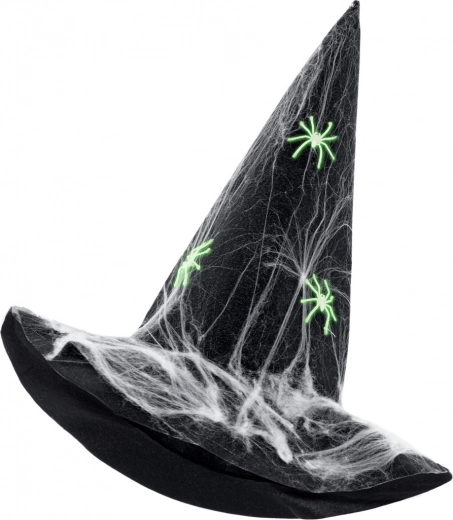 Chapeau de sorcière avec toile d’araignée et araignées lumineuses