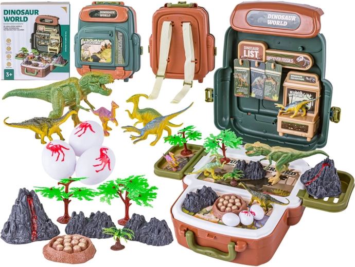 Grand set de dinosaures dans un sac à dos – figurines dans une valise avec volcan et accessoires (30 pièces)
