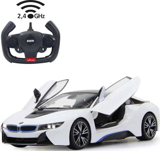 Voiture télécommandée Jamara BMW i8 1:14 blanche, 2,4 GHz, avec ouverture des portes