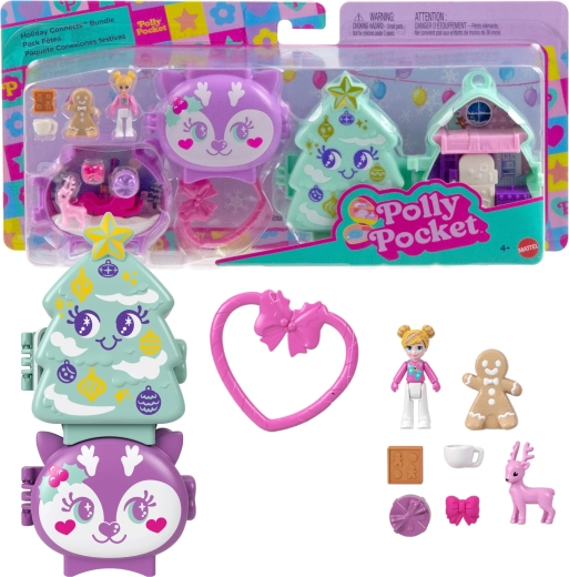 Mattel Polly Pocket ensemble de jeu compact de Noël connectable Holiday Connects, sapin et renne - 2 pièces