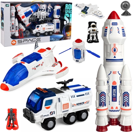 Grand ensemble spatial : station, fusée, navette, véhicule d’exploration et astronautes