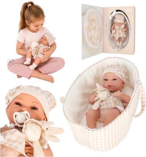 Poupée bébé beige 38 cm avec couffin de transport, tétine et lapin en peluche