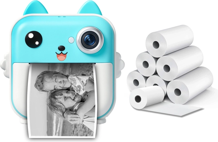 Appareil photo instantané avec mini imprimante thermique 48 Mpx, bleu (y compris 6 rouleaux)