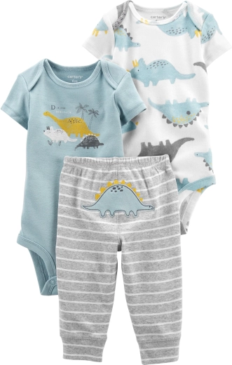 Ensemble 3 pièces pour bébé Carter’s Blue Dino – 2× bodies à manches courtes et pantalon de survêtement