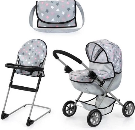 Ensemble Bayer : poussette pour poupées avec chaise haute et sac bandoulière, gris à étoiles