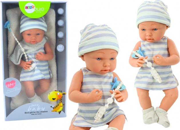 Poupée Bébé en Vêtement Blanc-Bleu avec Bonnet et Tétine