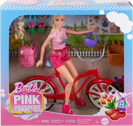 Barbie à vélo avec son chiot – set de voyage Passeport rose