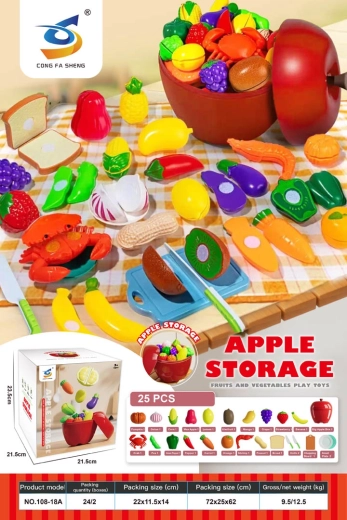 Set de fruits et légumes à découper dans une boîte en forme de pomme