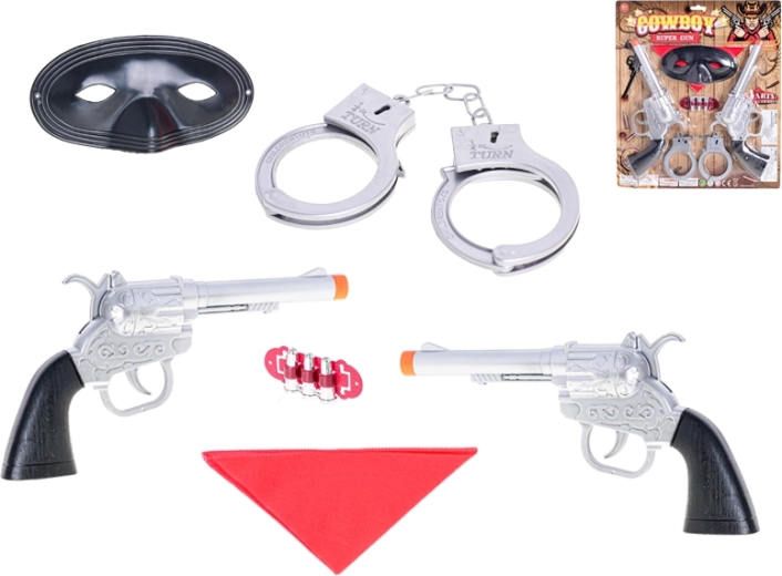 Set de cow-boy avec pistolets, menottes et masque – 2 pièces