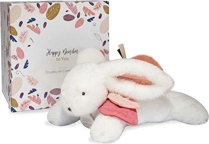 Coffret cadeau – lapin en peluche avec pompon rose foncé 25 cm