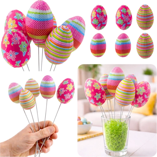 Œufs décoratifs de Pâques sur fil métallique à pois, rayures et fleurs - 6 pièces