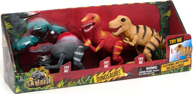 Trois dinosaures et un arbre dans un seul coffret