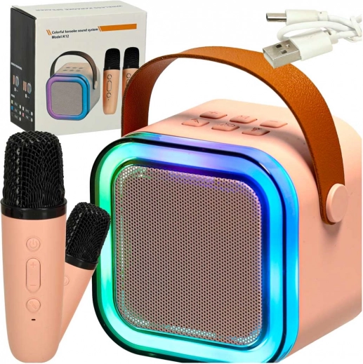 Set de karaoké avec haut-parleur Bluetooth, 2 microphones sans fil et éclairage LED 6 W – rose