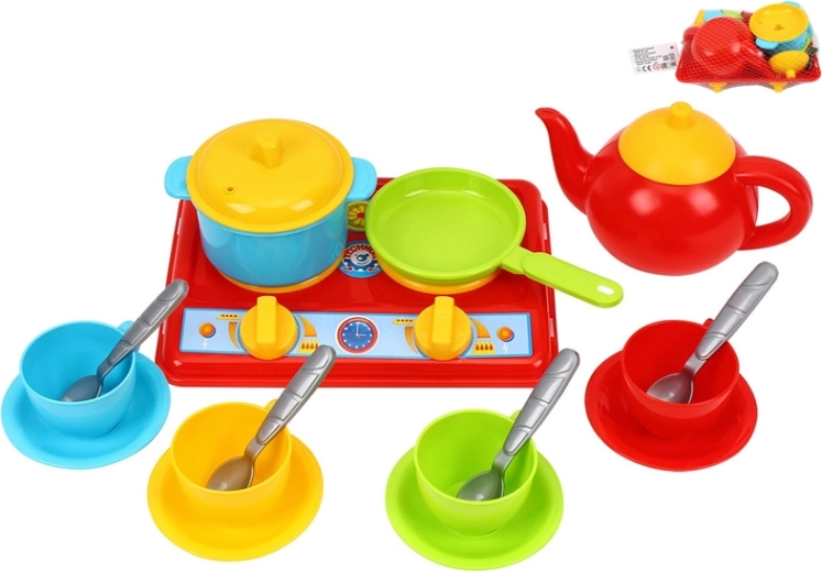 Cuisine pour enfants avec cuisinière et vaisselle, set de 17 pièces en filet