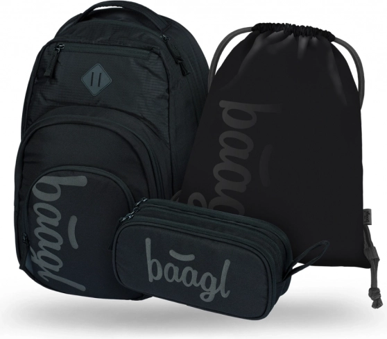 baagl ensemble avec trois produits noirs : sac à dos, trousse et sac