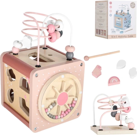Cube éducatif d’activités en bois 5-en-1 rose