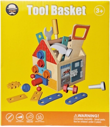 Set d’outils en bois dans une petite caisse en forme de maisonnette
