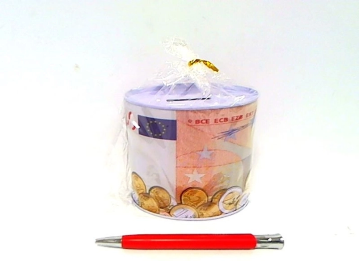 Tirelire en métal avec motif de billets en euros