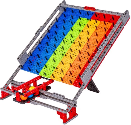 Rampe arc-en-ciel avec obstacles pour une descente de billes pleine de suspense