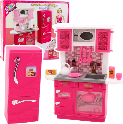 Cuisine rose avec réfrigérateur pour poupées 29 cm