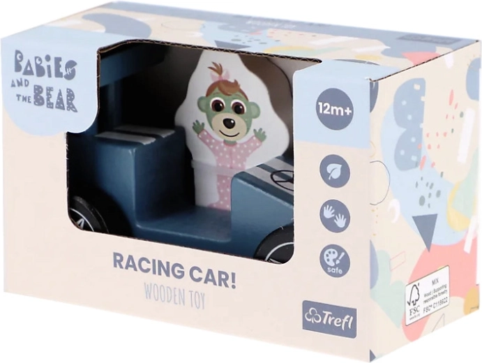 Voiture de course en bois bleue avec figurine de Bobaska