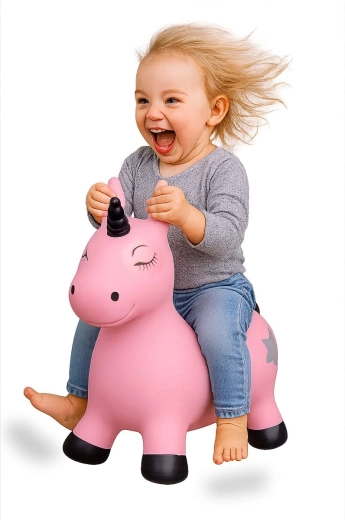 Licorne sauteur HoppyDoo rose avec pompe