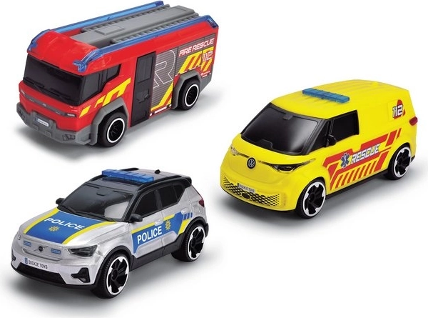 Set de secours Dickie SOS 3 pack – véhicules de pompier, de police et ambulance 1:36