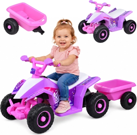 Quad électrique pour enfants à batterie avec remorque, avec effets lumineux et sonores – Rose