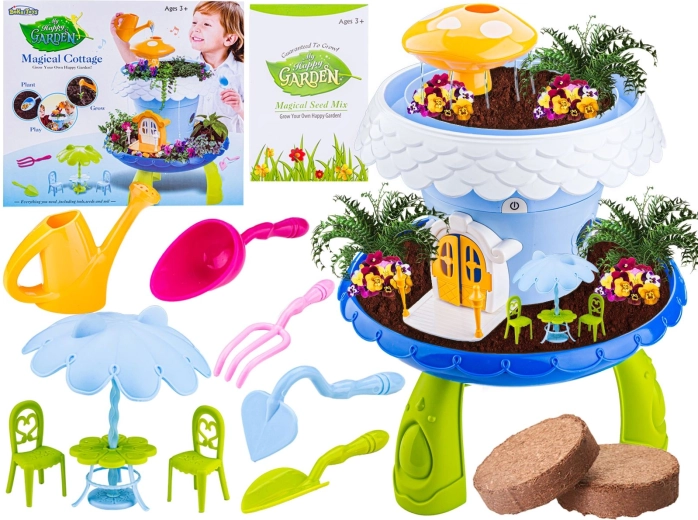 Ensemble de jardinage bleu pour enfants avec pot de fleurs et maison de poupées