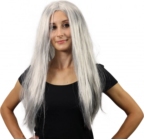 perruque de sorcière argentée aux longs cheveux