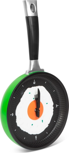 Horloge murale verte en forme de poêle avec œuf au plat
