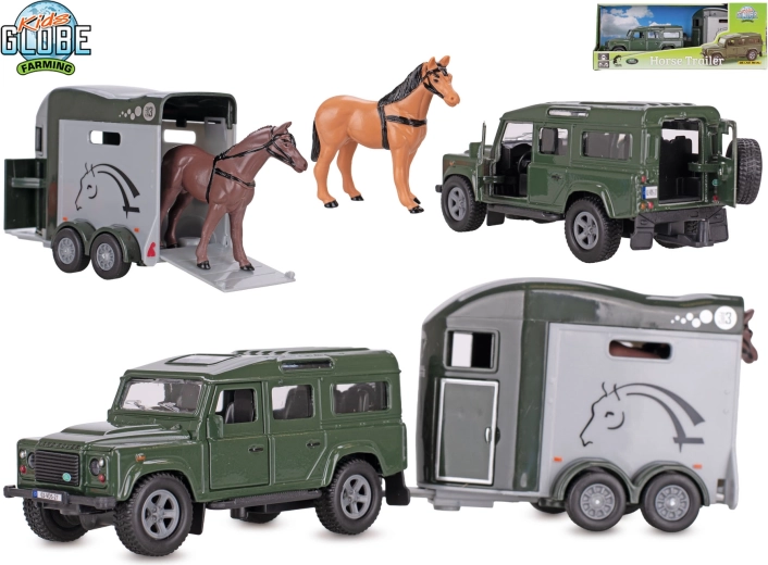 Kids Globe Farming Land Rover avec remorque pour chevaux à rétrofriction (pull-back)