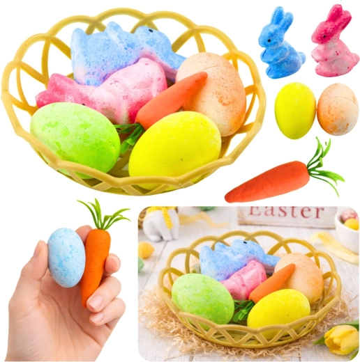 Décoration de Pâques dans un panier avec des lapins, des œufs et une carotte - 6 pièces