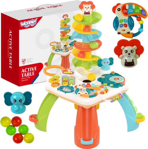 Table pour enfants avec toboggan à balles, clavier et engrenages