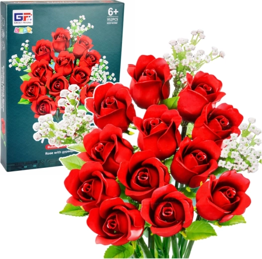Jeu de construction bouquet de fleurs roses rouges et gypsophile, 952 pièces