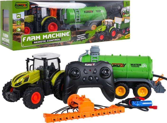 Tracteur radiocommandé avec citerne et râteau à foin à l'échelle 1:24