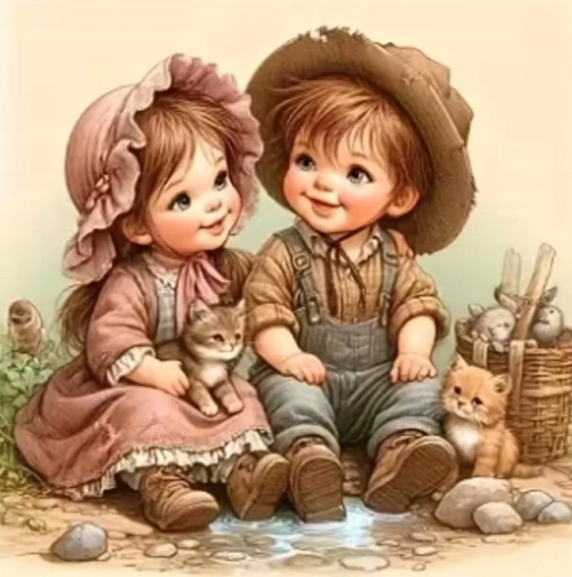 Norimpex peinture diamant enfants de village avec chatons 30 × 40 cm