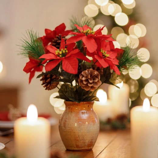 Décoration de Noël étoile avec 3 fleurs et une pomme de pin rouge foncé 34 cm