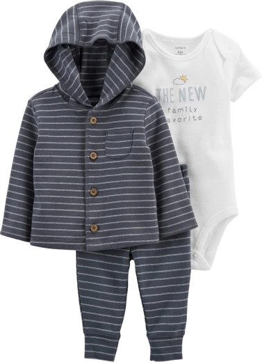 Ensemble 3 pièces Carter’s pour garçon : sweat à capuche, pantalon de survêtement et body à manches courtes rayé gris (taille 56)