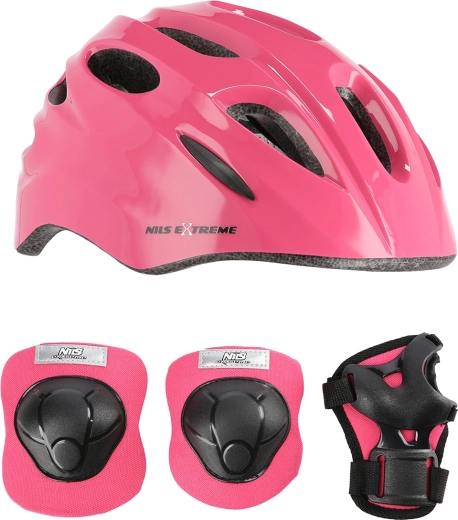 Ensemble casque et protections pour enfants NILS Extreme rose – TAILLE XS