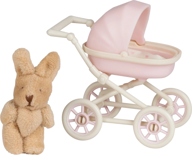 Poussette Lundby avec lapin en peluche pour maison de poupées