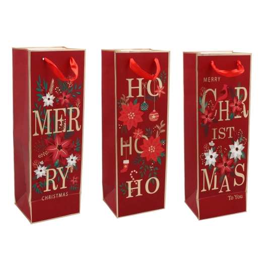 Sac cadeau de Noël pour vin Christmas to You – motifs assortis, 36 × 12 × 10 cm, lot de 12