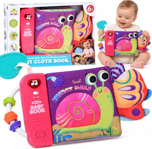Livre sensoriel interactif en tissu pour bébés – escargot et insectes avec mélodies, veilleuse, miroir et anneau de dentition