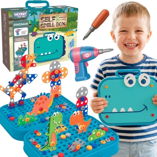 Woopie – kit de petit bricoleur 3D dinosaures avec vis et perceuse, dans une mallette