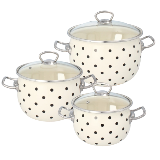 Lot de 3 casseroles émaillées avec couvercles, blanches à pois, 2,5 l, 3,5 l, 5 l