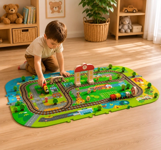 Tapis en mousse Humbi 3D ville avec petit train et rails, 56 pièces