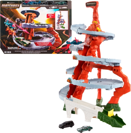 Matchbox The Movie – coffret de jeu de poursuite en montagne avec hélicoptère (circuit + 2 voitures + hélicoptère)