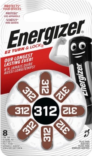 Piles bouton Energizer 312 pour appareils auditifs, 8 pcs