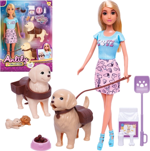 Set poupée avec deux petits chiens 32 cm